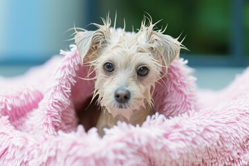 small wet dog in a pink fluffy towel