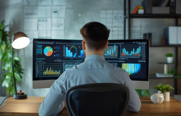 Businessman analyzing graphical data and performance graphs of a marketing sales project on a computer monitor in the office