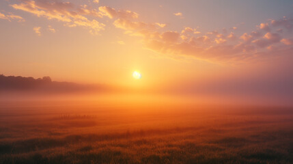 Sonnenaufgang oder Sonnenuntergang mit Morgenrot oder Abendrot leichter Nebel ein paar Wolken ein schönes Landschaftsfoto