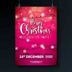 Christmas Party Flyer Design With Light Bulb Garland Typography Lettering Red Background