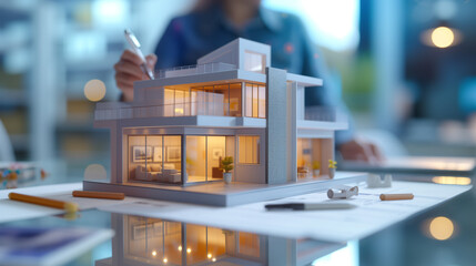 Ein Modell von einem Haus bei einem Architekten oder Bauzeichner so kann die Villa aussehen - obrazy, fototapety, plakaty