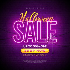 Halloween Sale Banner Illustration With Neon Light Lettering Brick Wall Background