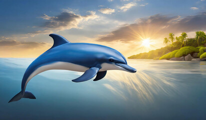 playful dolphin leaps out of the water at sunset, dolphin's body is arched in a graceful jump, colorful sky from the dark blue ocean.