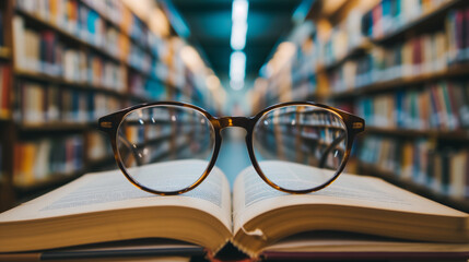 Eine Brille oder Lesebrille steht auf einem offenem Buch in einer Bibliothek - obrazy, fototapety, plakaty
