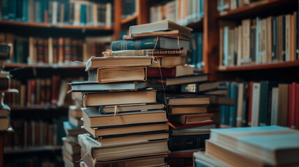 Ein Stapel alter Bücher in einer Bibliothek oder Bücherzimmer - obrazy, fototapety, plakaty