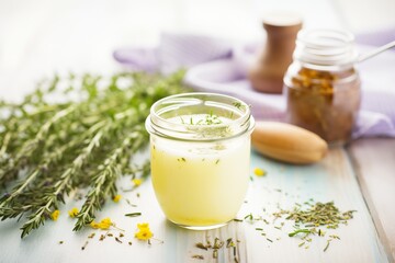 fresh thyme juice with sprigs of thyme scattered around - obrazy, fototapety, plakaty