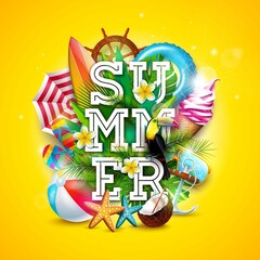 Summer Holiday Banner Design With Colorful Beach Elements Lettering Sun Yellow Background