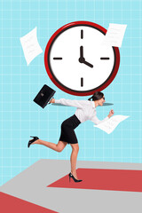 Vertical collage banner running young businesswoman hurry deadline late miss time tick countdown...