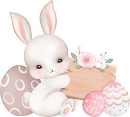 White Rabbit and Easter Eggs with Wooden Sign and Flowers