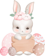 White Rabbit and Easter Eggs with Wooden Sign and Flowers