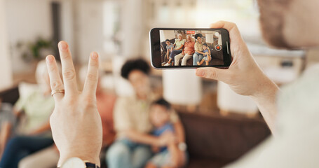 Phone screen, hand or countdown for family picture, photography and memory photo of home bonding,...