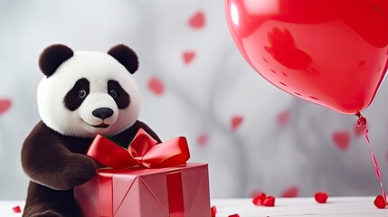Adorable panda bear with gif box and red heart shaped balloons. Valentine’s Day holiday, Women's...