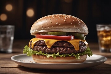 Alluring cheeseburger, with its golden bun and juicy beef, beckons with flavor.