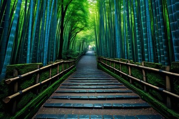 Immersive experience amidst the breathtaking beauty of a lush bamboo forest. Tranquil pathway. 