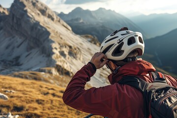 biker adjusting helmet before embarking on mountain trail