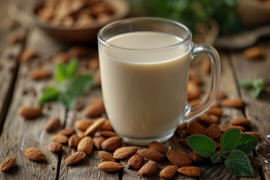 Almond milk as a dairy-free alternative in coffee and cereal. Concept of plant-based options in daily food choices. Generative Ai.
