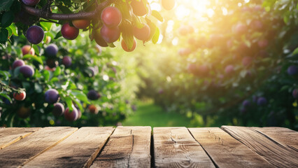 An empty table on a blurred background of a plum orchard. a mockup for your product outdoors.