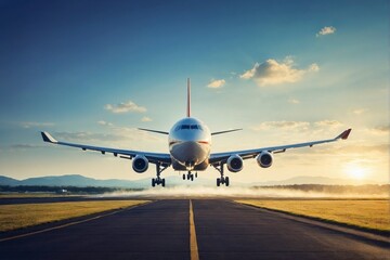 Obraz premium Airplane in the airport runway at sunset. Travel and transportation concept.