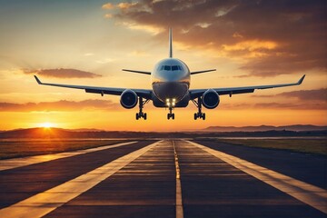 Airplane in the airport runway at sunset. Travel and transportation concept.