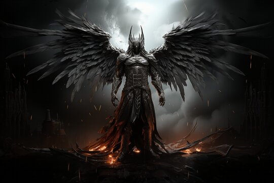 AI-generated illustration of a dark angel with black wings against a gloomy sky