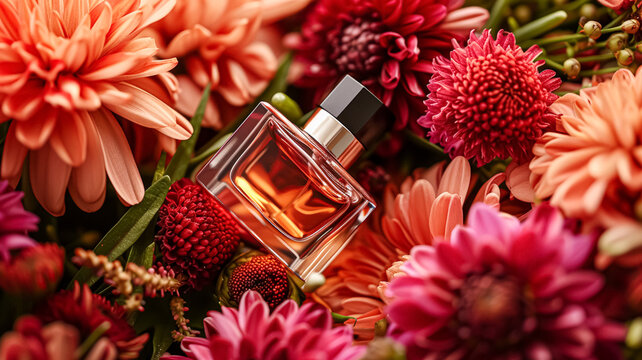 Perfume bottle in flowers, fragrance on blooming background, floral scent and cosmetic product