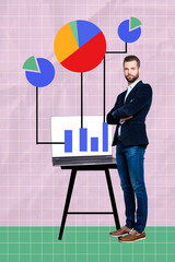 Vertical creative collage image of data science crossed hands entrepreneur statistics trading data...