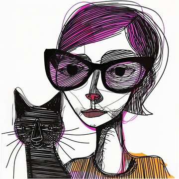 Character Sketch of Millennial Girl with her Cat, Millennial Pink and Fuchsia Fashion Portrait Hipster Glasses Gen Z, sketch of young woman with short hair on white background, pretty model 