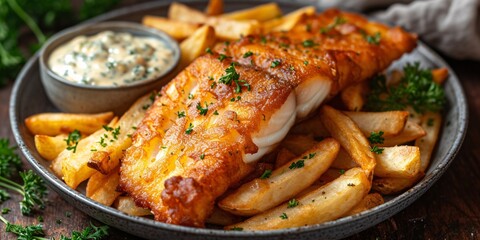 Crispy Fish and Fries A Delicious Dinner Option for Seafood Lovers Generative AI - obrazy, fototapety, plakaty
