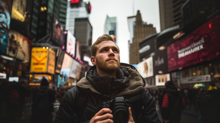 young photographer and vlogger in the city with blurred background - obrazy, fototapety, plakaty