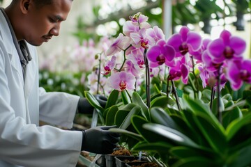 grower in lab coat cultivating orchids in vitro