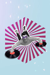 Vertical creative collage poster young falling man disco dj music player audio plate record weekend...