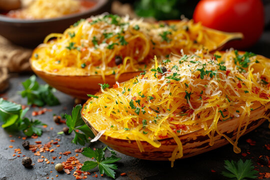 Spaghetti squash as a low-carb alternative to pasta, served with a hearty sauce. Concept of vegetable-based and creative meal ideas. Generative Ai.