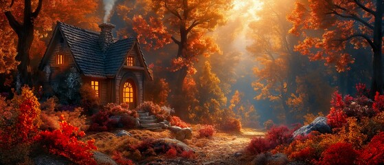 Fairytale House Standing In The Autumn Forest. Generative AI