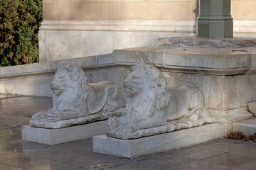 Statues of lions in front of the entrance to Metropolitan Cathedral, Athens, Greece