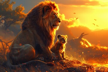 Lion King - A lion and a baby lion sitting together in a sunset scene, reminiscent of the popular animated movie The Lion King. Generative AI - obrazy, fototapety, plakaty