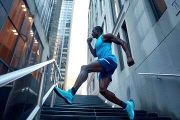 man in sportswear running up city stairway