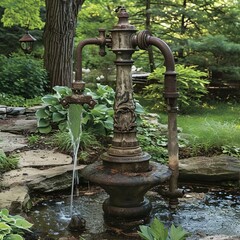 a water fountain in the middle of a garden