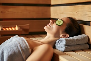 woman lying down in sauna, resting head on folded towel, cucumber slices on eyes