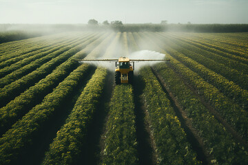 An agricultural tractor is shown evenly distributing spray over lush crops in a rural field,...