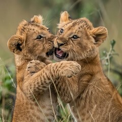 two young lions playing with each other in a field