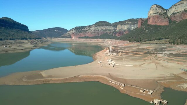 Sau swamp dike in Catalonia, Spain, intense drought in 2024 Sau Marsh
