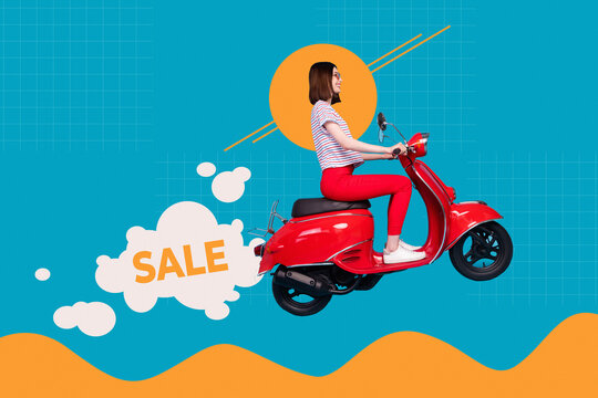 Photo collage creative banner young girl riding scooter shopping retail sales discounts bargain shopaholic seasonal special offer