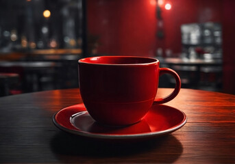 Red beautiful bright cup and saucer on wooden round table in cafe contrast raster image
