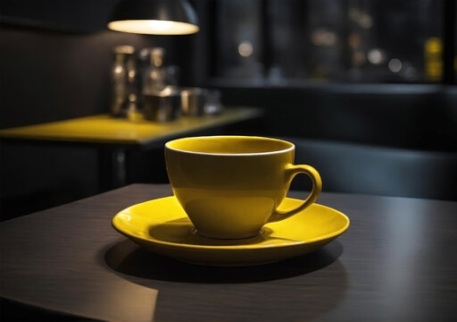 Yellow bright cup and saucer on wooden round table in cafe contrast raster image
