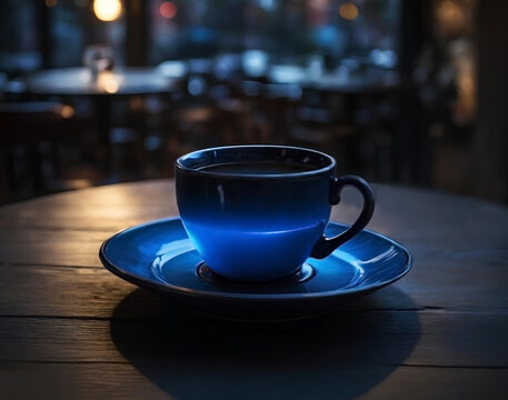 Blue beautiful bright cup and saucer on wooden round table in cafe contrast raster image