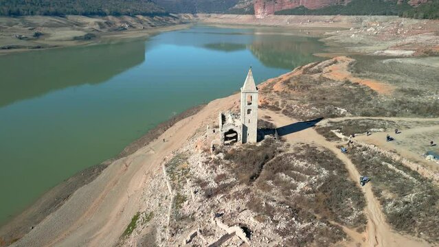 Sau swamp dike in Catalonia, Spain, intense drought in 2024 church completely out of the water.