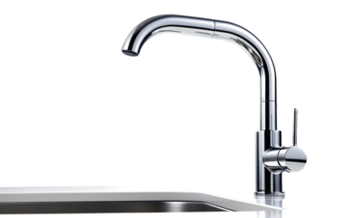 Chrome mixer tap with silver basin on a White or Clear Surface PNG Transparent Background.
