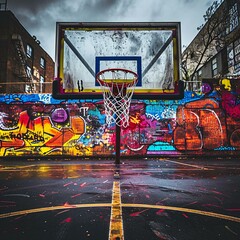 a basketball hoop in front of a graffiti covered wall