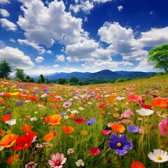 a field full of colorful flowers under a cloudy sky