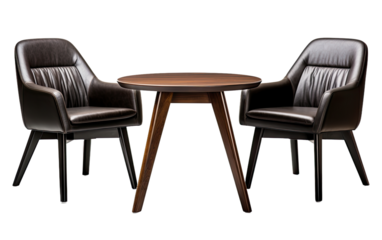 Black chairs with wooden table on a White or Clear Surface PNG Transparent Background.